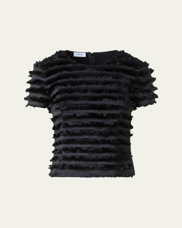 Striped Fringe Short-Sleeve Fitted Top
